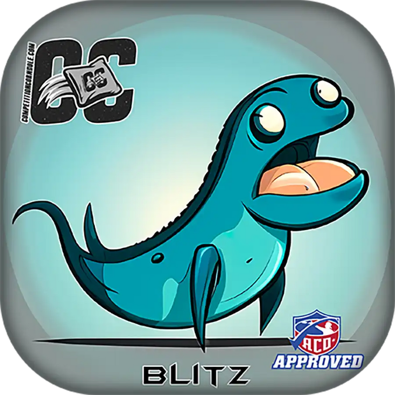 Cartoon dinosaur character named 'Blitz' on a blue background with ACO  logo.