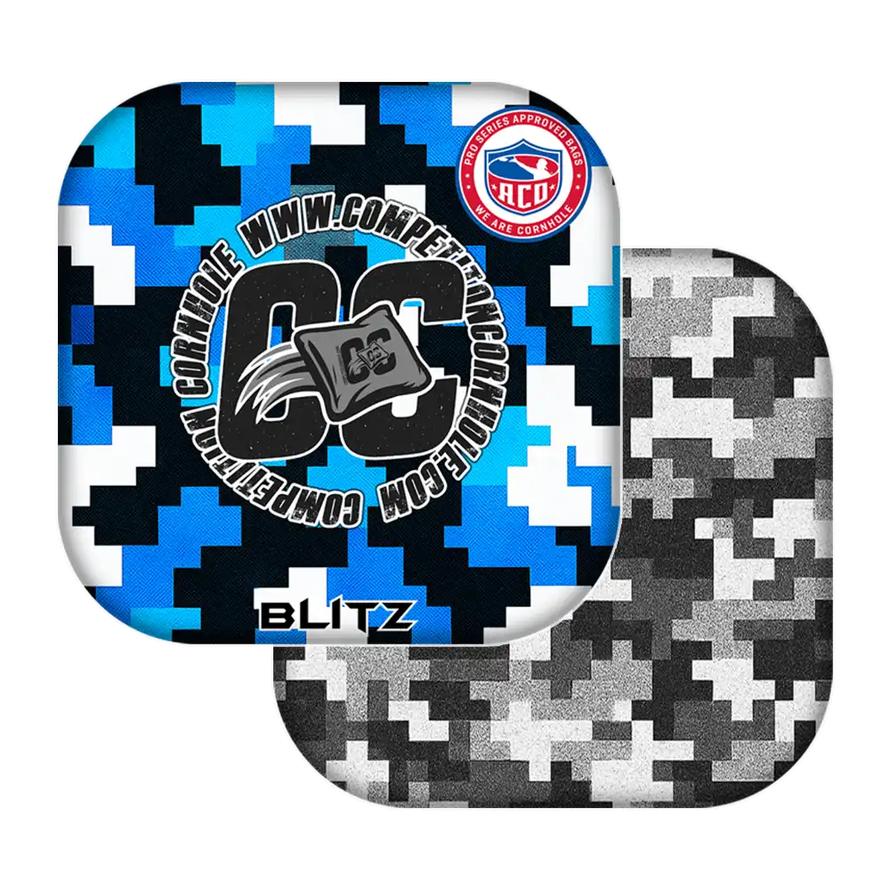 Two camouflage-patterned cornhole bags with visible branding on a white background