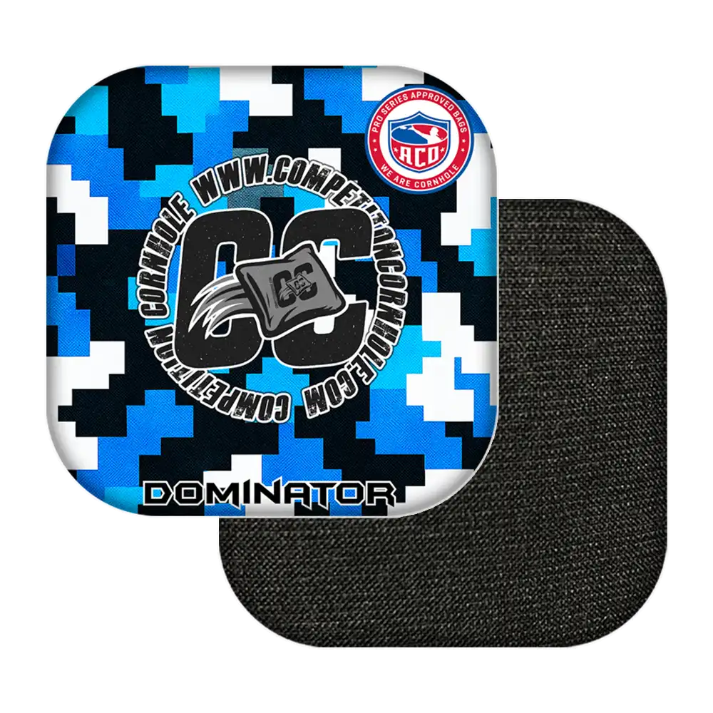 Black and blue digital patterned cornhole bags with visible branding on a white background