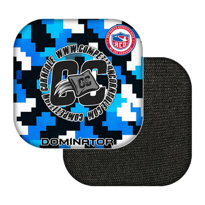 Black and blue digital patterned cornhole bags with visible branding on a white background