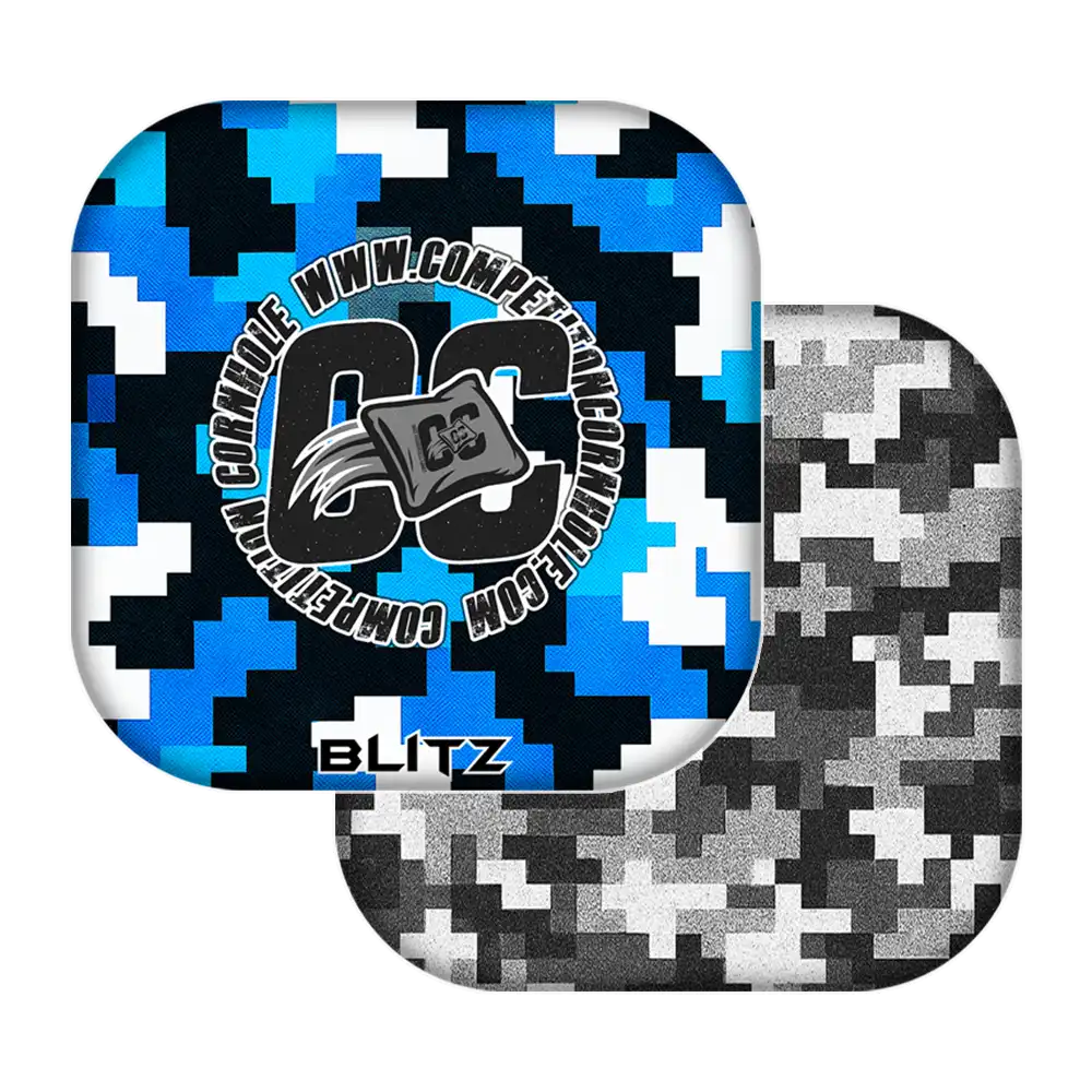 Two camouflage-patterned cornhole bags with a logo and text on a white background
