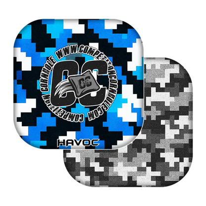 cornhole bags camouflage-patterned trays with a logo in the center on a white background.
