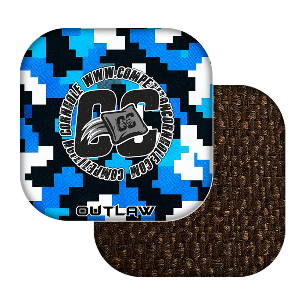 cornhole bags with blue, black, and white camouflage pattern and brown backing on a white background