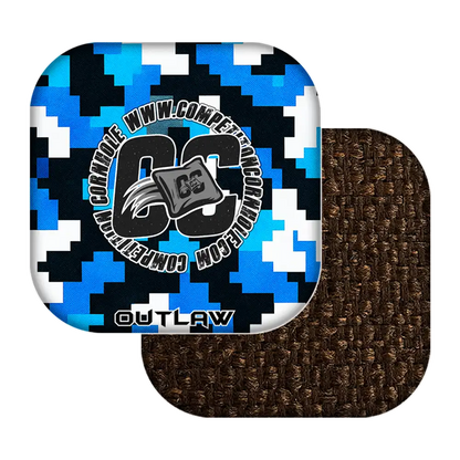 cornhole bags with blue, black, and white camouflage pattern and brown backing on a white background