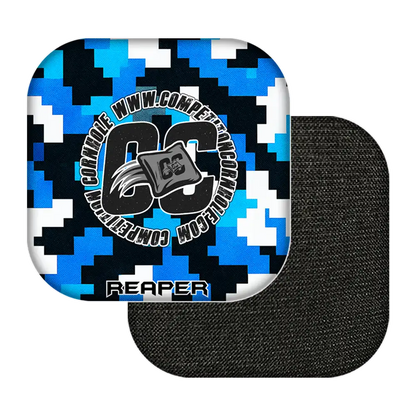 Digital camouflage cornhole bags with a logo and text on a white background