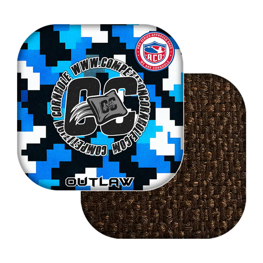 Product with blue and black digital pattern, 'Outlaw' branding, and a brown textured patch on a white background.