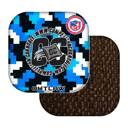 Product with blue and black digital pattern, 'Outlaw' branding, and a brown textured patch on a white background.