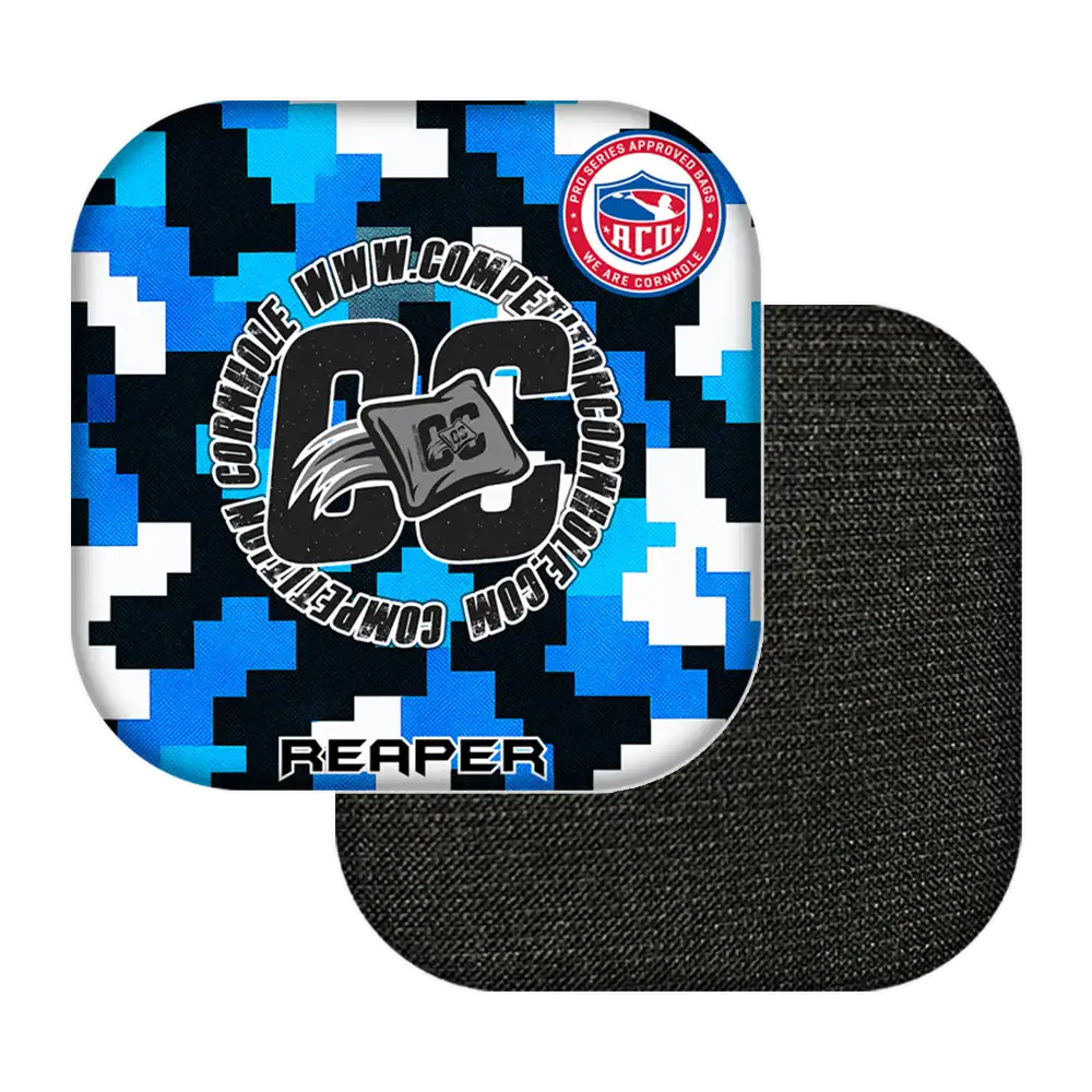 Digital camouflage cornhole bags with 'GC' logo and text on a white background