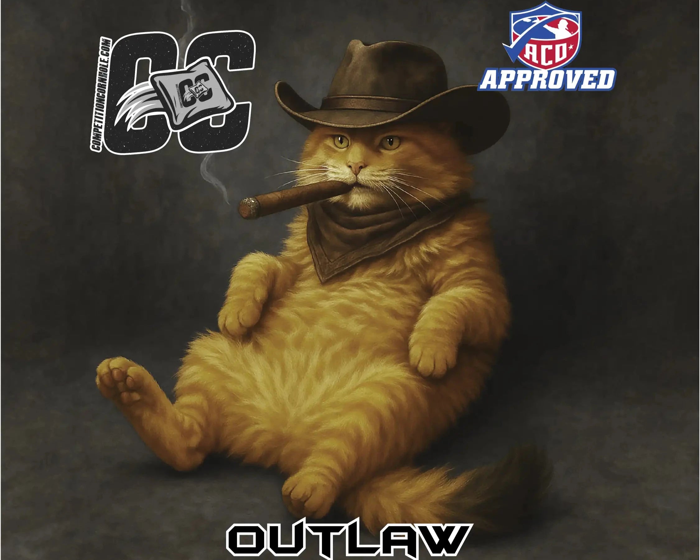 Cat in cowboy hat with cigar, labeled 'Outlaw', on a dark background with logos.