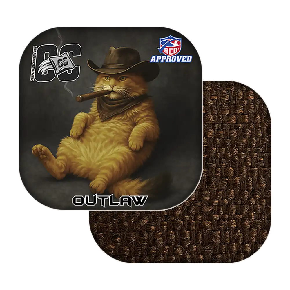 Cornhole bags with a cat wearing a cowboy hat and smoking a cigar, labeled 'Outlaw'.