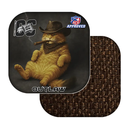 Cornhole bags with a cat wearing a cowboy hat and smoking a cigar, labeled 'Outlaw'.