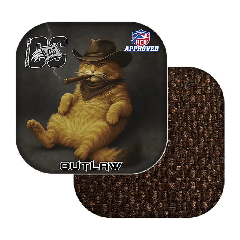 Cornhole bags with a cat wearing a cowboy hat and smoking a cigar, labeled 'Outlaw'.