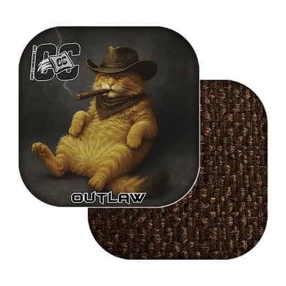 Cornhole bags with a cat dressed as an outlaw wearing a cowboy hat and smoking a cigar, with 'Outlaw' branding.
