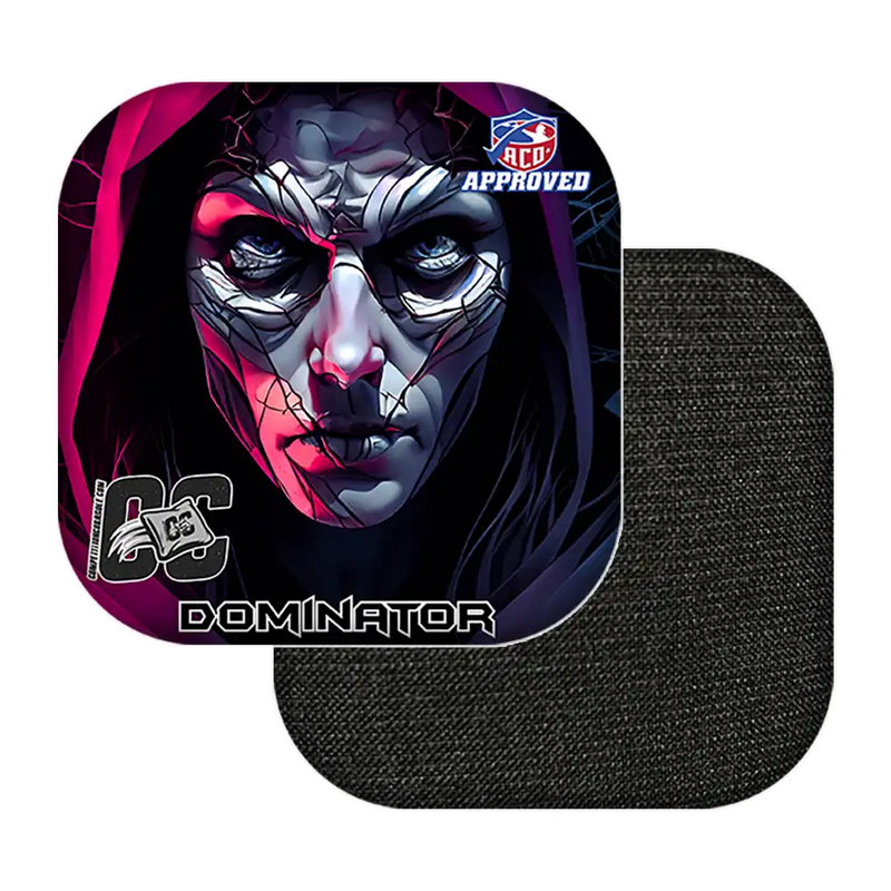 Cornhole bags with a stylized face design and 'Dominator' branding on a white background