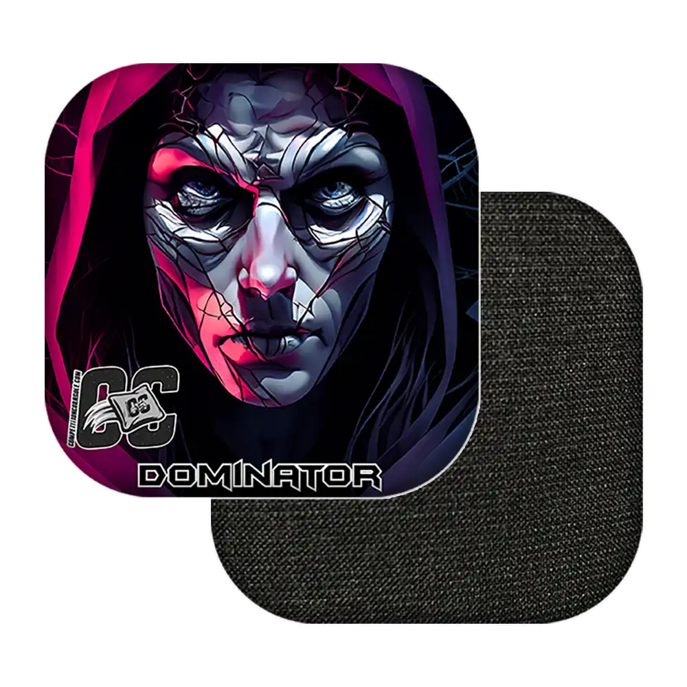 Cornhole bags with a stylized face design and 'Dominator' branding on a white background