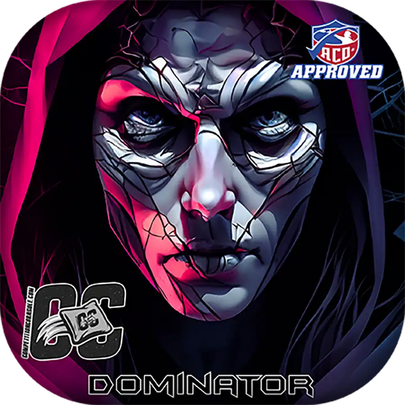 Artistic depiction of a face with red and white accents, featuring the 'OC Dominator' branding.