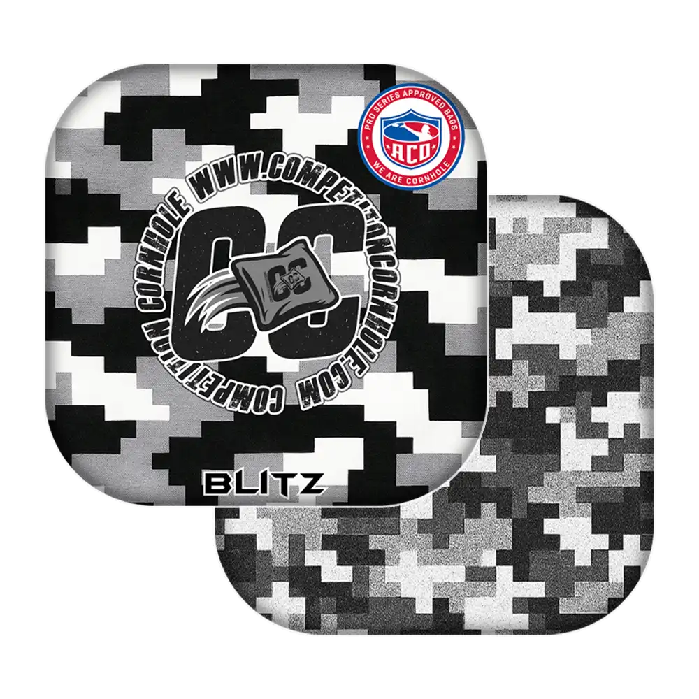 Camouflage-patterned cornhole bags with visible branding on a white background