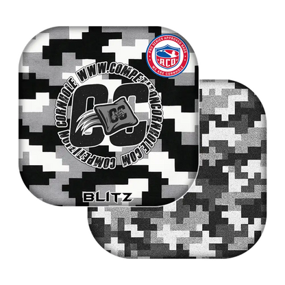 Camouflage-patterned cornhole bags with visible branding on a white background