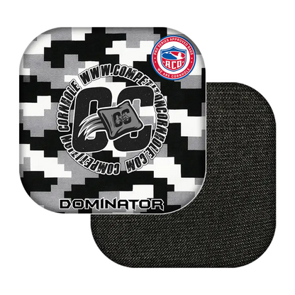 Black and white camouflage-patterned product with 'Dominator' branding on a white background