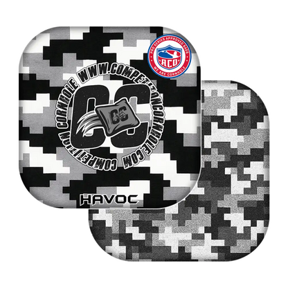 Digital camouflage-patterned cornhole bags with visible branding on a white background