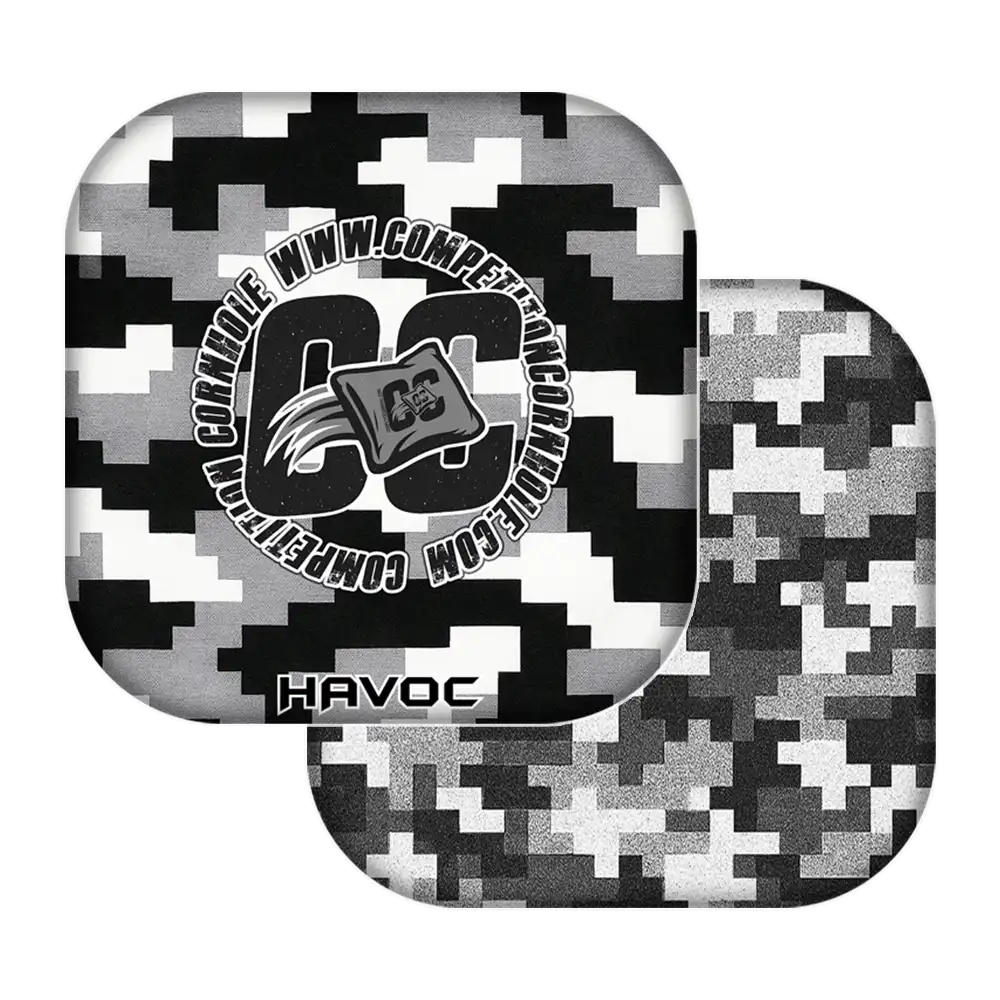 Digital camouflage-patterned cornhole bags with a logo and text on a white background