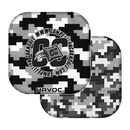 Digital camouflage-patterned cornhole bags with a logo and text on a white background