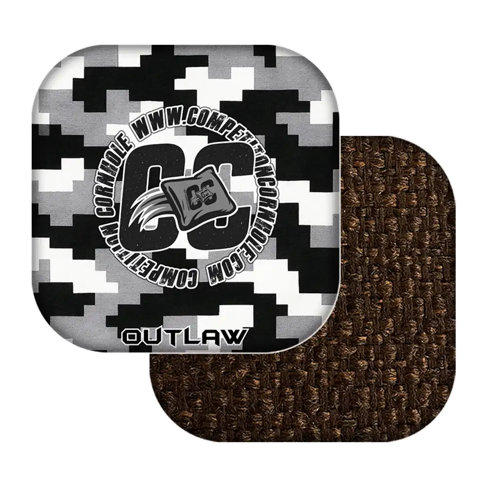 cornhole bags with digital camouflage pattern and brown textured back, featuring a logo and text.