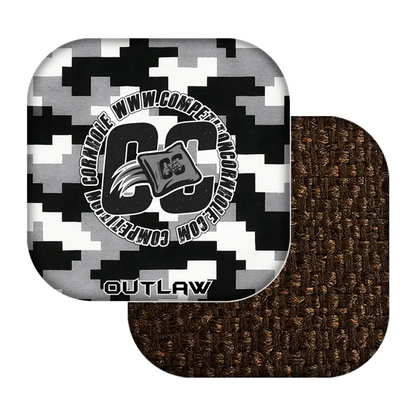 cornhole bags with digital camouflage pattern and brown textured back, featuring a logo and text.