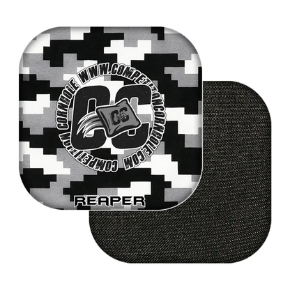 Black and white camouflage-patterned product with 'CC' logo and text on a white background