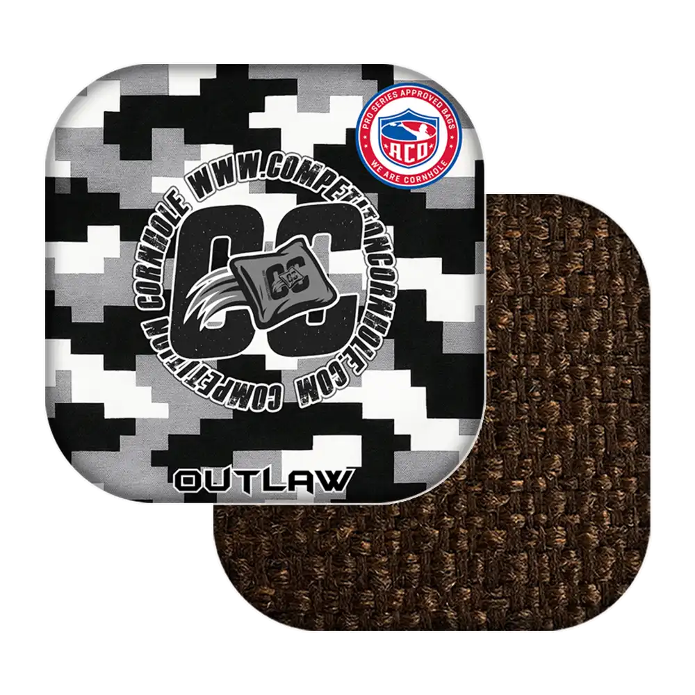 cornhole bags with digital camouflage design and brown textured surface on a white background.