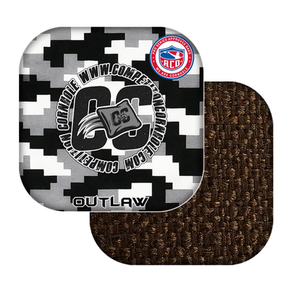 cornhole bags with digital camouflage design and brown textured surface on a white background.