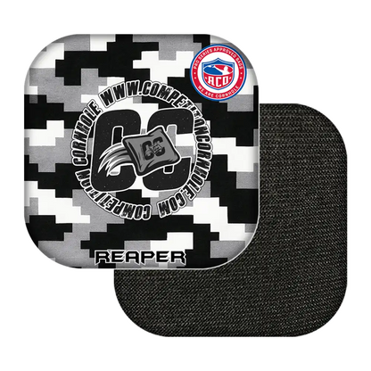 Black and white camouflage-patterned product with 'Reaper' branding on a white background