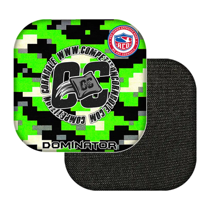 Black and green digital camouflage cornhole bags with branding on a white background
