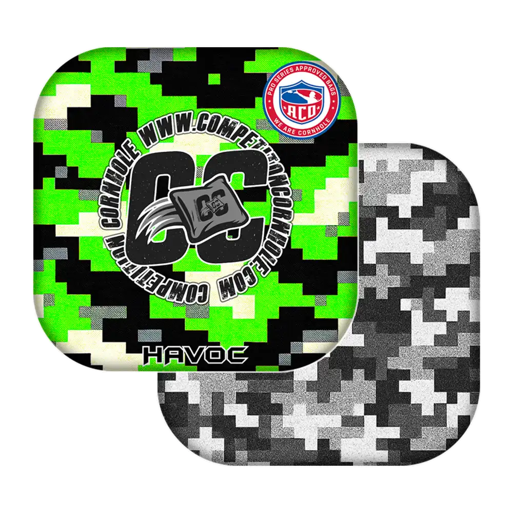 cornhole bags with digital camouflage patterns and visible branding on a white background.