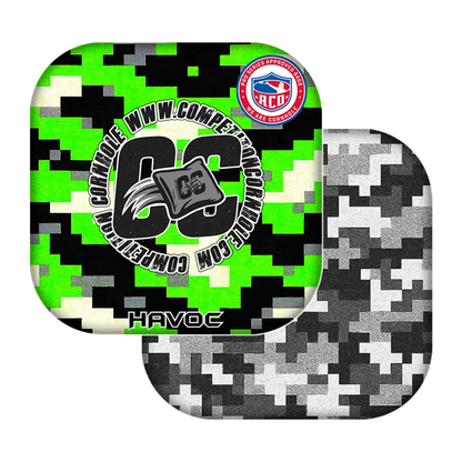cornhole bags with digital camouflage patterns and visible branding on a white background.