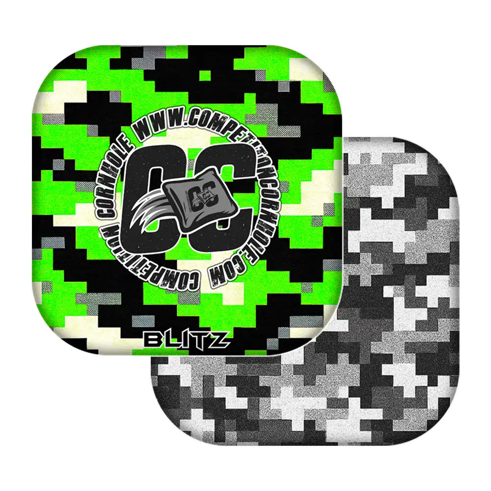 Two camouflage-patterned cornhole bags with a visible brand logo on a white background