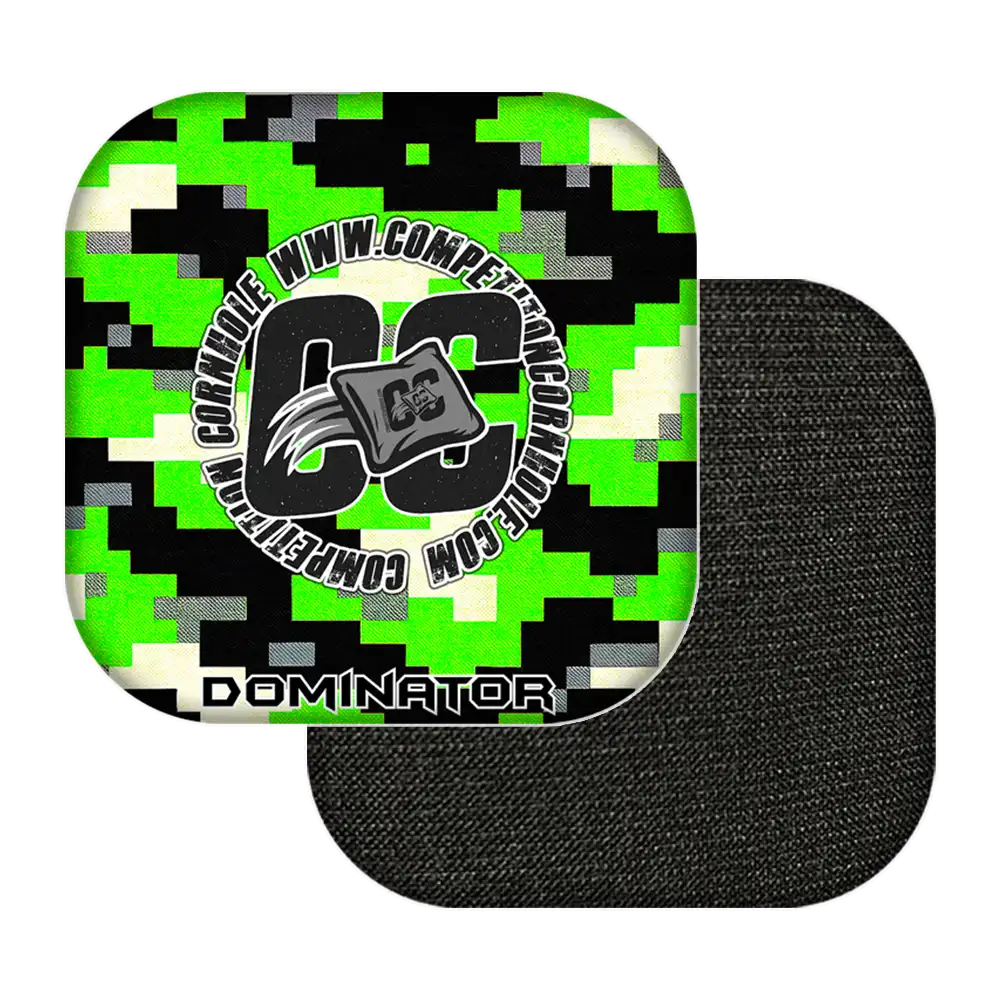 Black and green digital camouflage cornhole bags with 'CC' logo and text on a white background