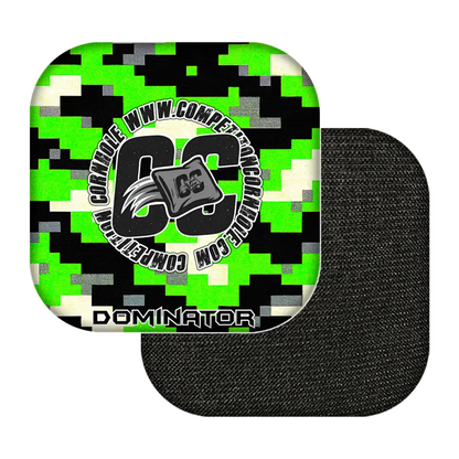 Black and green digital camouflage cornhole bags with 'CC' logo and text on a white background