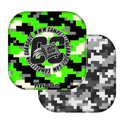 Two camouflage-patterned cornhole bags with a logo and text on a white background