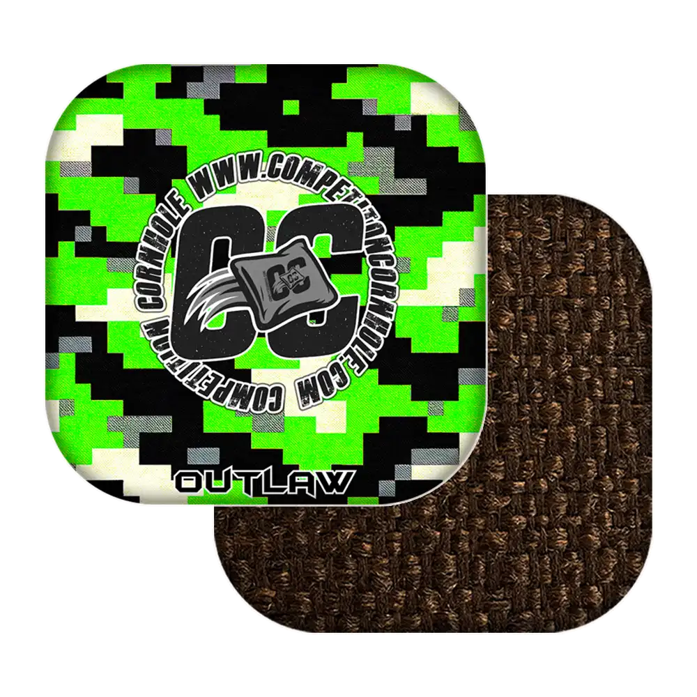 Green camouflage cornhole bags with 'CC' logo and text on a white background
