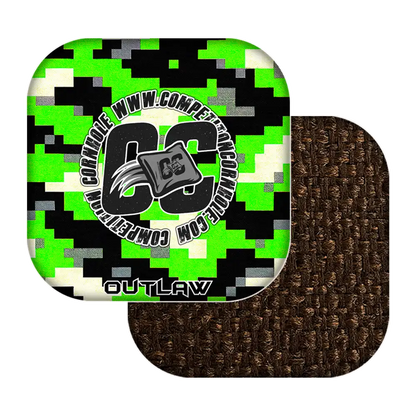 Green camouflage cornhole bags with 'CC' logo and text on a white background