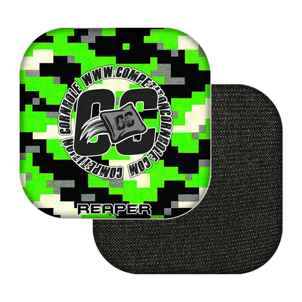 cornhole bags with digital camouflage pattern and branding on a white background