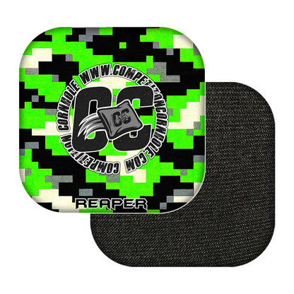cornhole bags with digital camouflage pattern and branding on a white background
