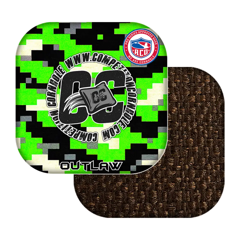 Green camouflage cornhole bags with 'CC Outlaw' branding on a white background