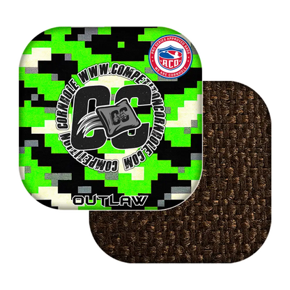 Green camouflage cornhole bags with 'CC Outlaw' branding on a white background