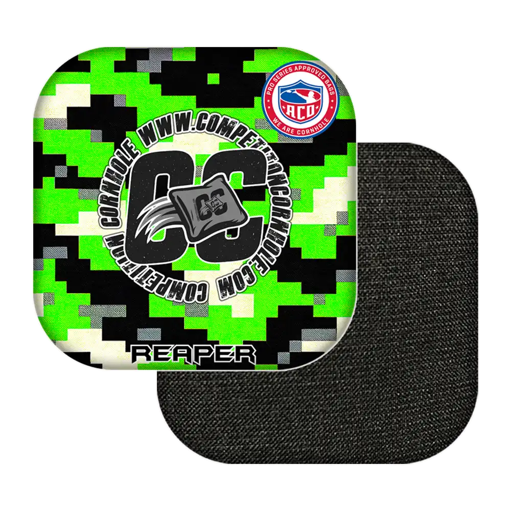 Reaper cornhole bags with digital camouflage pattern on a white background