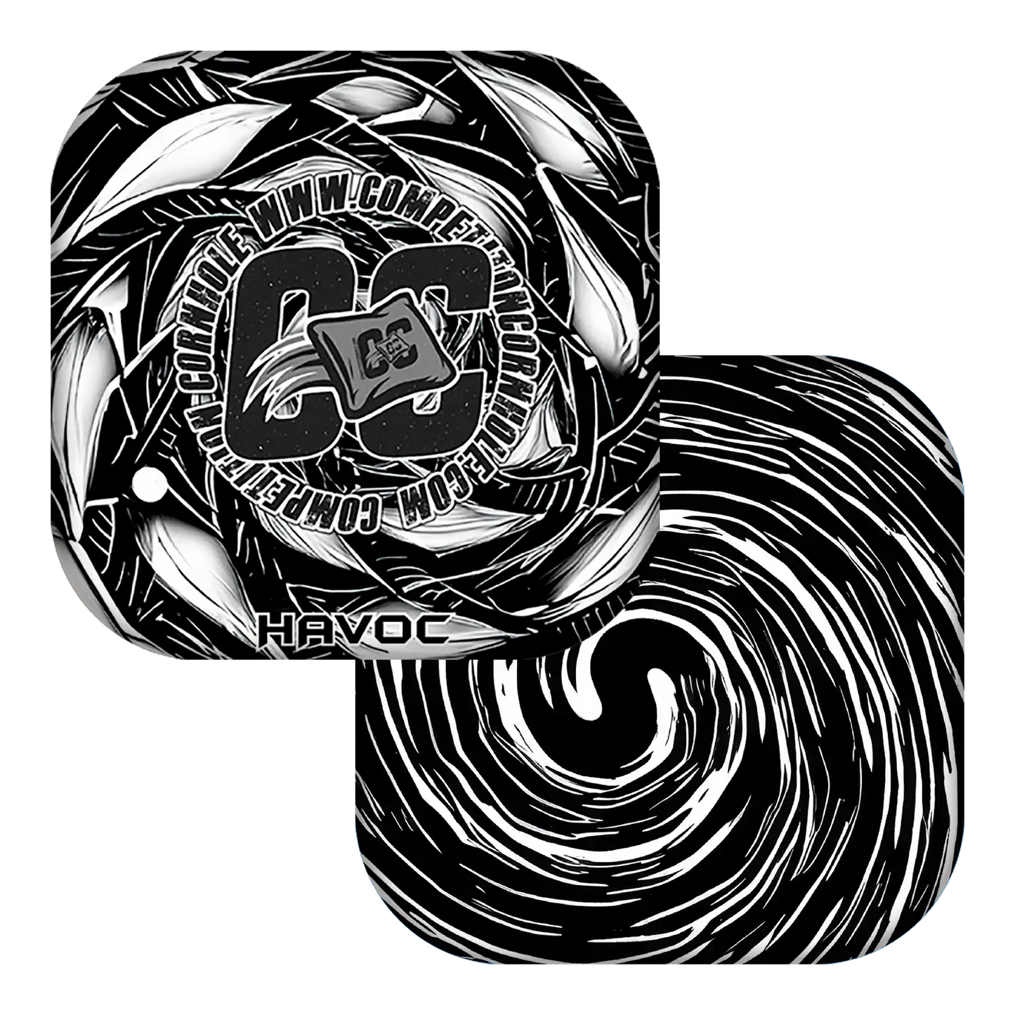 Black and white design with swirling patterns and 'Havoc' branding on a white background