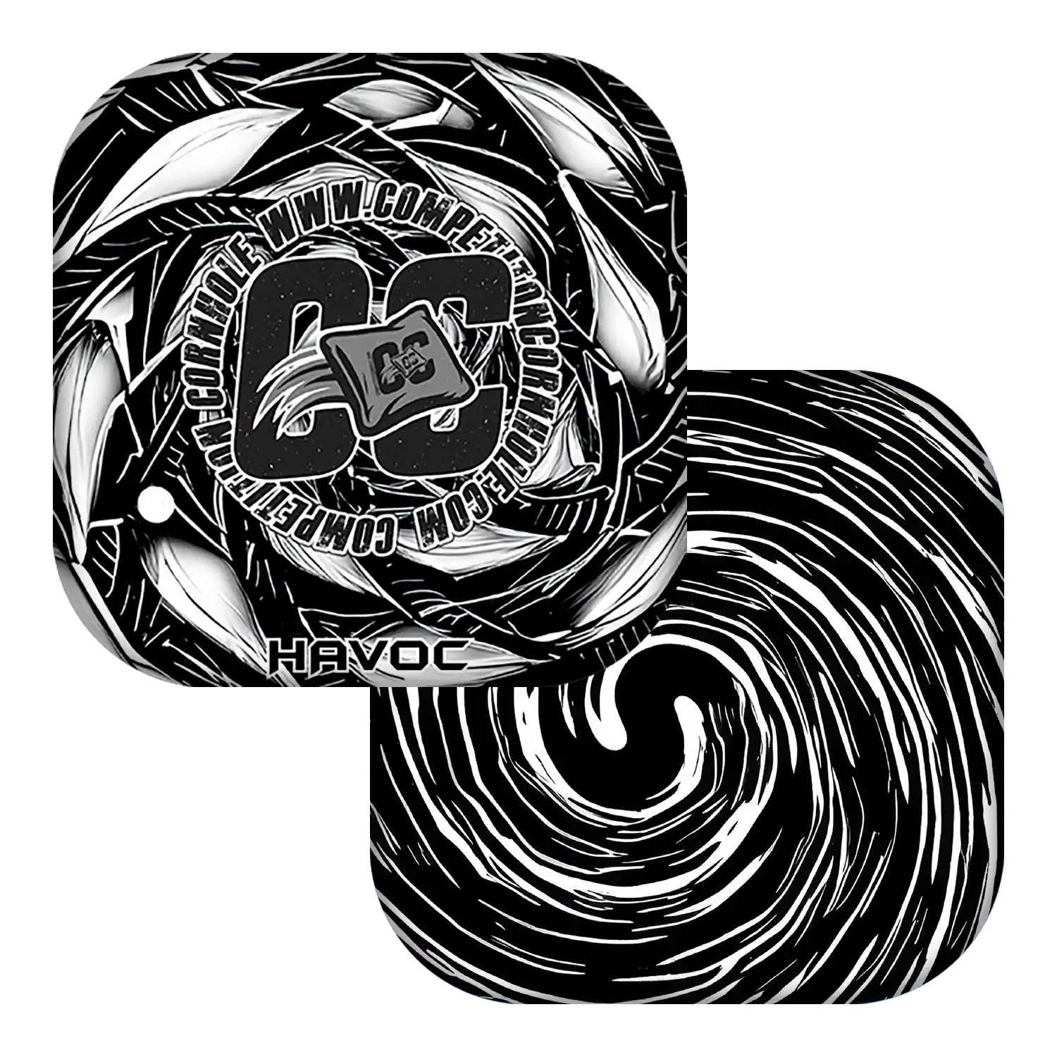 Black and white design with swirling patterns and 'Havoc' branding on a white background