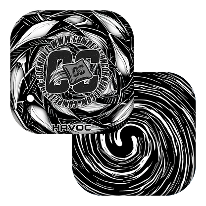 Black and white design with swirling patterns and 'Havoc' branding on a white background