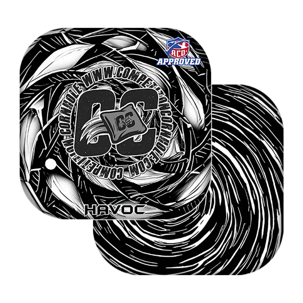 Black and white swirl design with 'DC' logo and 'Havoc' text on a white background